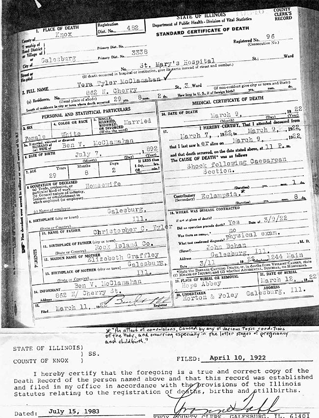 Death Certificate of Vera Tyler, first wife of Benjamin Vaughn McClanahan M.D.